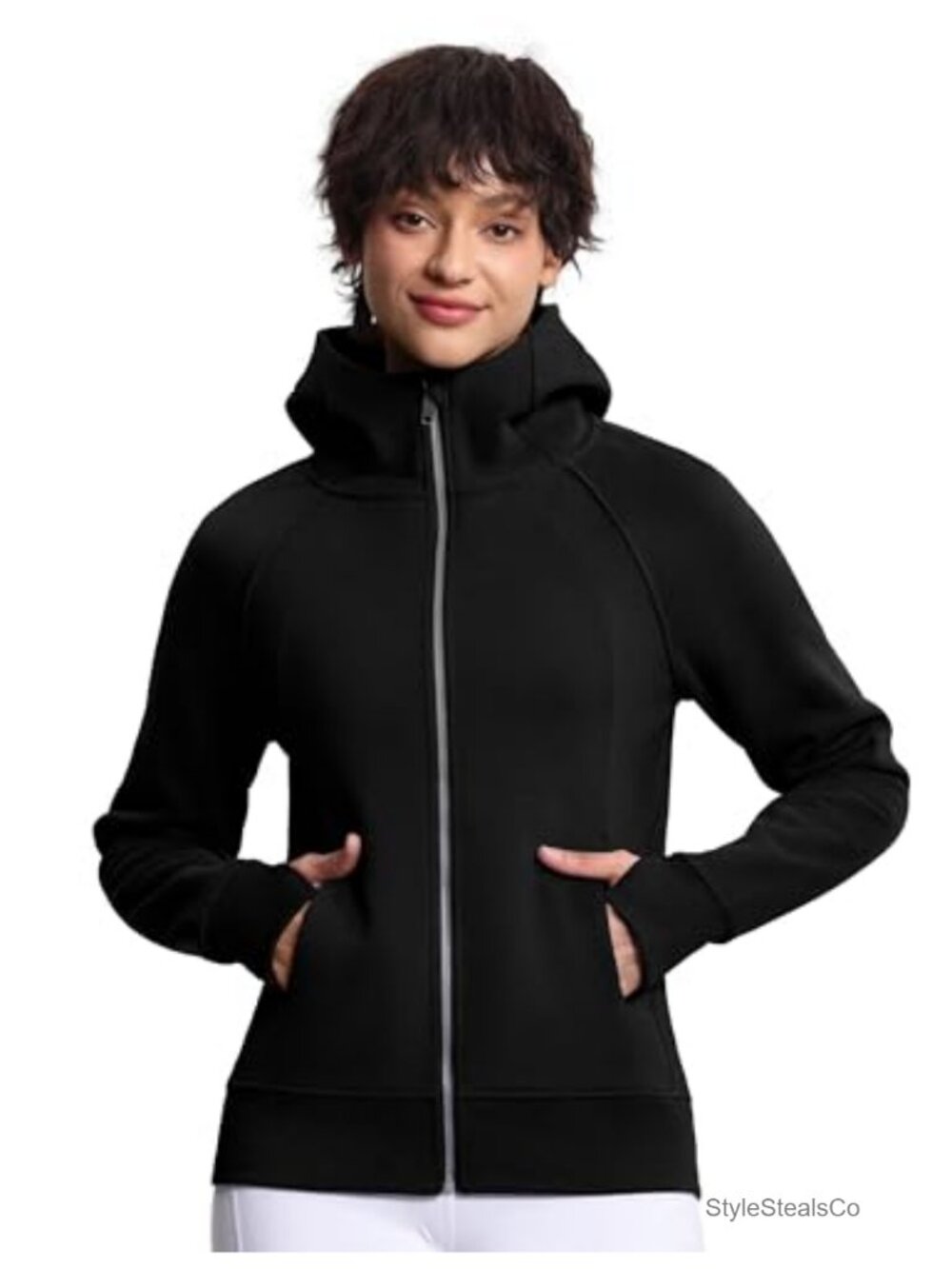 Full Zip Fleece Hoodie Workout Jacket Thumbhole Side Pockets